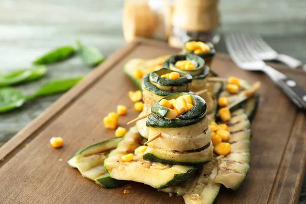 Tasty Zucchini Rolls Corn Wooden Board — Stock Photo, Image