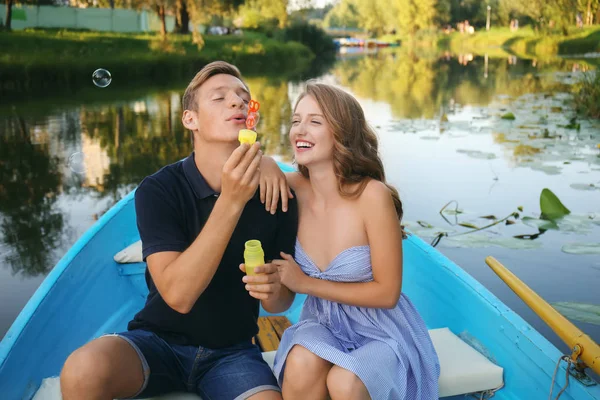 Cute Young Couple Having Romantic Date Boat — Stock Photo, Image
