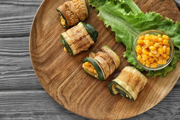 Tasty Zucchini Rolls Corn Wooden Plate — Stock Photo, Image