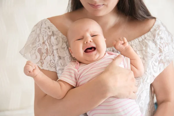 Loving Mother Her Crying Baby Home — Stock Photo, Image
