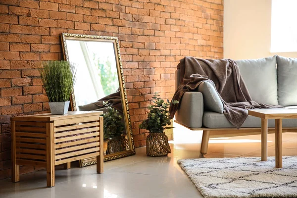 Living Room Interior Big Mirror Stylish Furniture — Stock Photo, Image