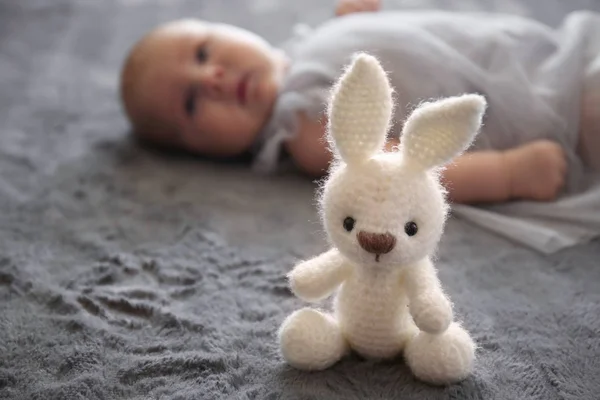 Bunny Toy Cute Little Baby Lying Bed — Stock Photo, Image