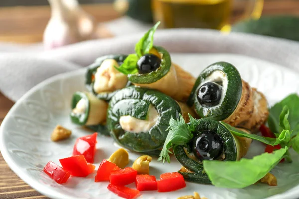 Plate Tasty Zucchini Rolls Wooden Table Closeup — Stock Photo, Image