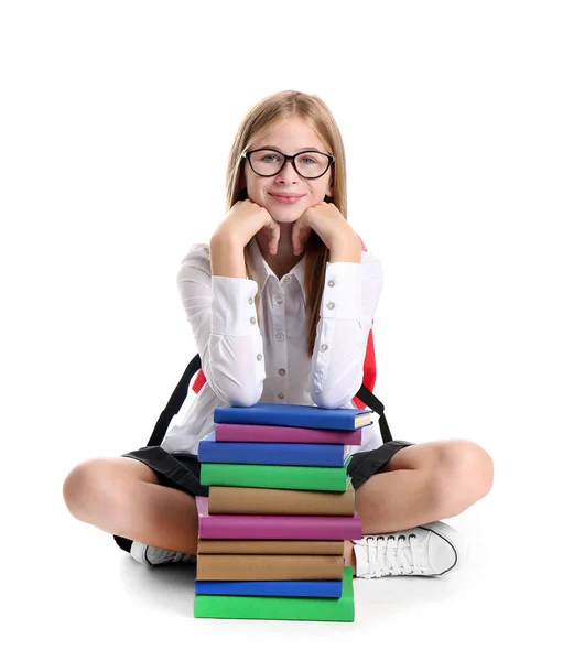 Estudante Bonito Com Livros Contra Fundo Branco — Fotografia de Stock