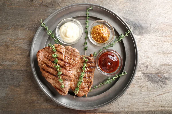 Tasty Grilled Steak Different Sauces Metal Tray — Stock Photo, Image