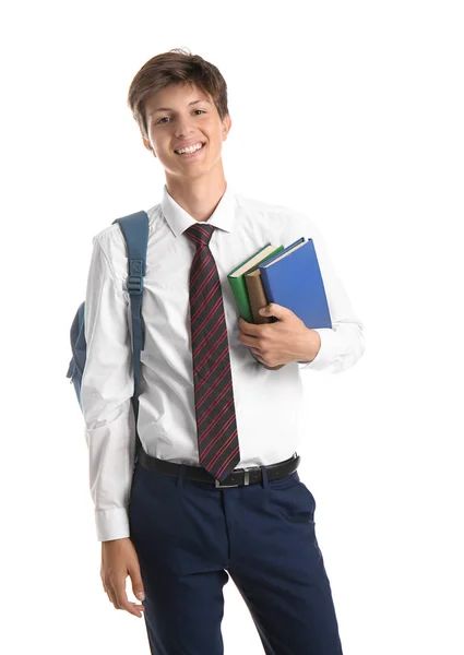 Teenager Mit Rucksack Und Büchern Auf Weißem Hintergrund — Stockfoto
