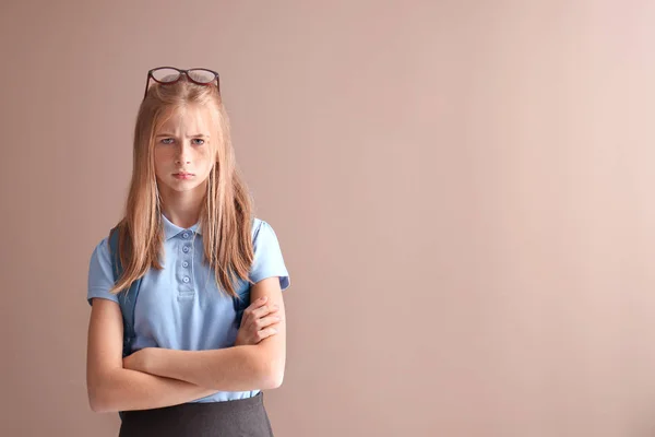 Displeased Schoolgirl Color Background — Stock Photo, Image