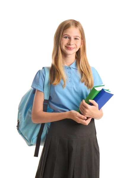 Studentessa Carina Con Libri Sullo Sfondo Bianco — Foto Stock
