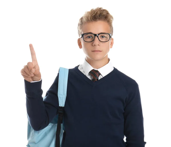 Εφηβικό Αγόρι Σακίδιο Δείχνει Eureka Σύμβολο Άσπρο Φόντο — Φωτογραφία Αρχείου