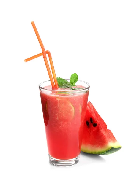 Glas Met Verse Watermeloen Smoothie Witte Achtergrond — Stockfoto