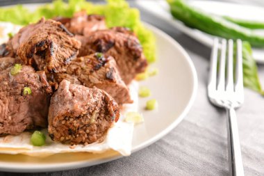 Lezzetli şiş kebap masada, closeup ile plaka