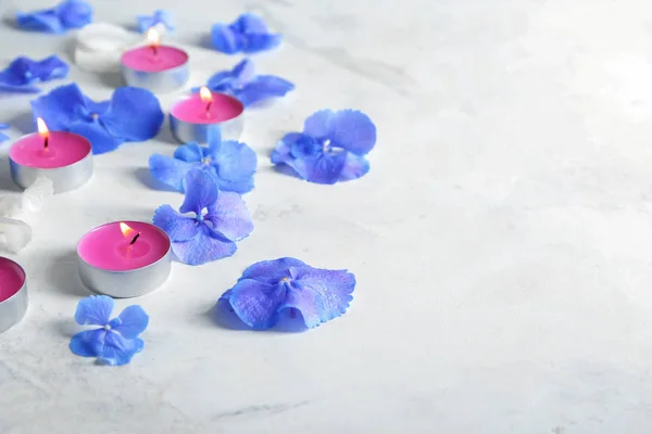 Świece Kwiatów Hortensji Stół — Zdjęcie stockowe