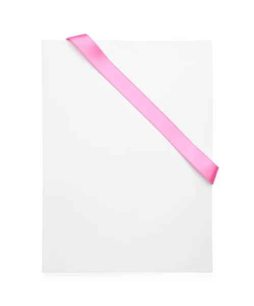 Paper Card Pink Ribbon White Background — Stock Photo, Image