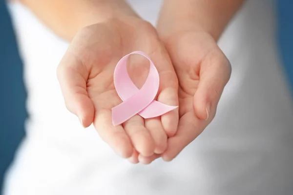 Woman Holding Pink Ribbon Closeup Breast Cancer Concept — Stock Photo, Image