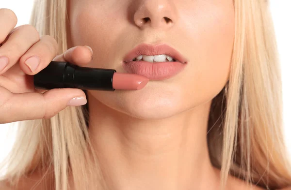 Beautiful Young Woman Pink Lipstick Closeup — Stock Photo, Image