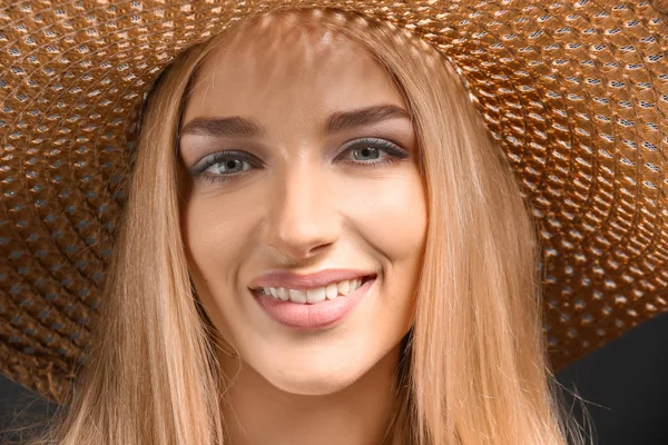 Beautiful Young Woman Pink Lipstick Hat Closeup — Stock Photo, Image