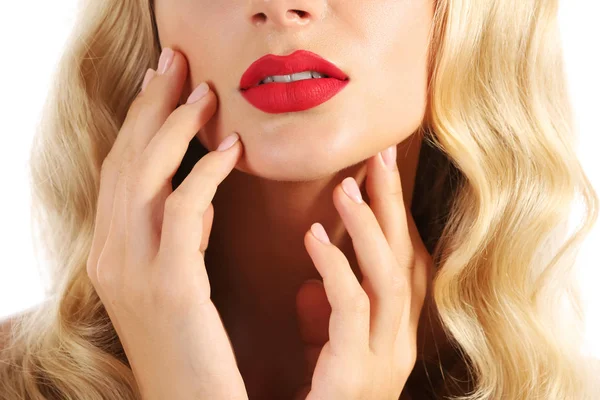Mooie Jonge Vrouw Met Rode Lippenstift Close — Stockfoto
