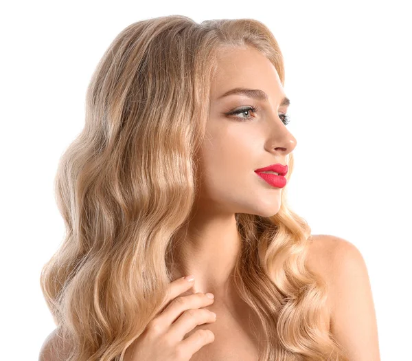 Schöne Junge Frau Mit Rotem Lippenstift Auf Weißem Hintergrund — Stockfoto