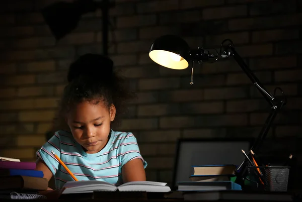 Little African American Girl Doing Homework Evening Home — Stock Photo, Image