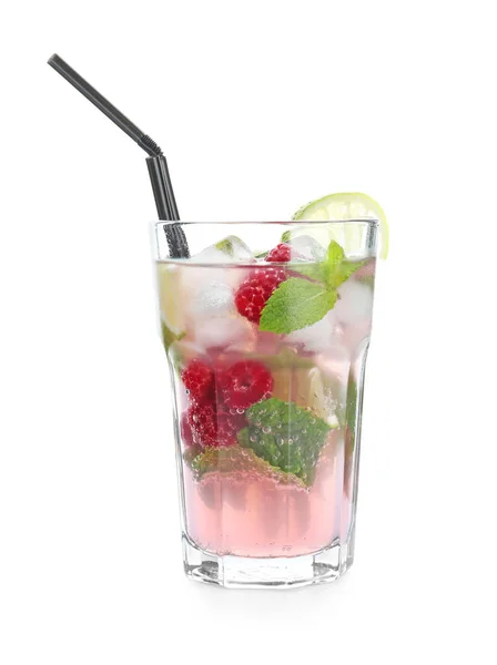 Glas Färska Hallon Mojito Vit Bakgrund — Stockfoto