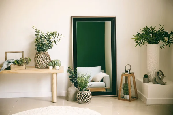 Stylish room interior with mirror and houseplants near white wall