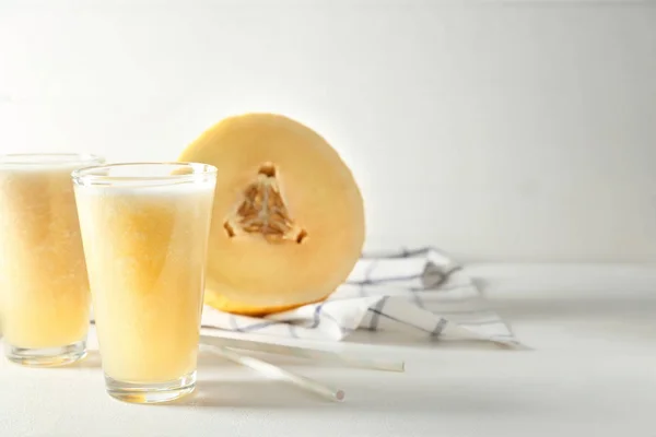 Glasses Delicious Melon Smoothie White Table — Stock Photo, Image
