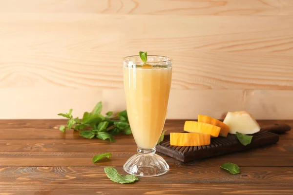 Glass Delicious Melon Smoothie Wooden Table — Stock Photo, Image