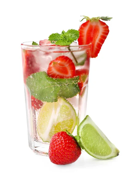 Glass Fresh Strawberry Mojito White Background — Stock Photo, Image
