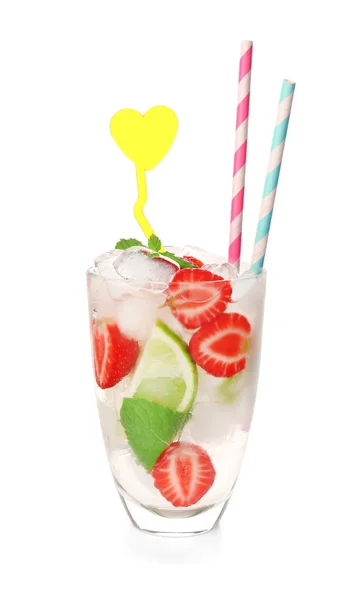 Copo Mojito Morango Fresco Fundo Branco — Fotografia de Stock