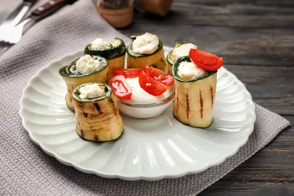 Tasty Zucchini Rolls Cheese Sauce Plate — Stock Photo, Image