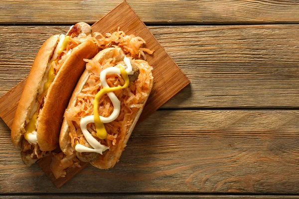 Tasty Hot Dogs Stewed Cabbage Wooden Board — Stock Photo, Image