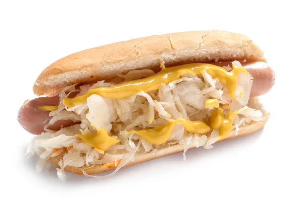 Tasty Hot Dog Sauerkraut White Background — Stock Photo, Image