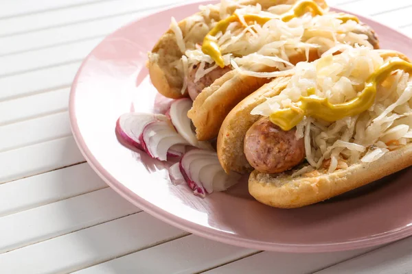 Plate Tasty Hot Dogs Sauerkraut White Wooden Table — Stock Photo, Image