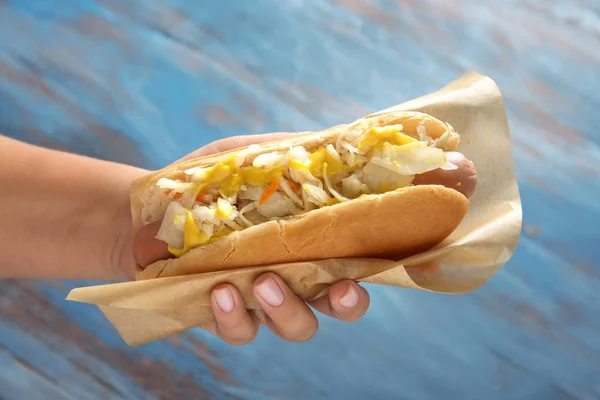 Woman Holding Tasty Hot Dog Sauerkraut Color Background — Stock Photo, Image