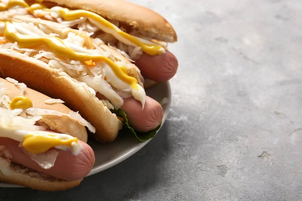 Tasty Hot Dogs Sauerkraut Grey Table — Stock Photo, Image