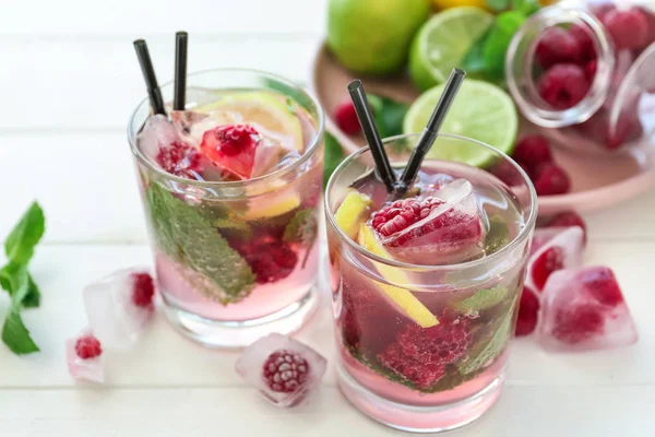 Glasses Fresh Raspberry Mojito Light Table — Stock Photo, Image