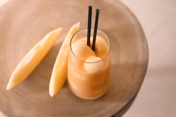 Glass Fresh Melon Smoothie Wooden Table — Stock Photo, Image