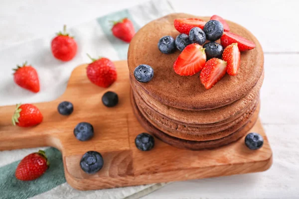 Wooden Board Stack Tasty Chocolate Pancakes Berries Light Table — Stock Photo, Image