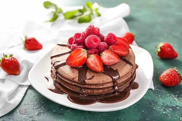 Tasty Chocolate Pancakes Sweet Sauce Berries Plate — Stock Photo, Image