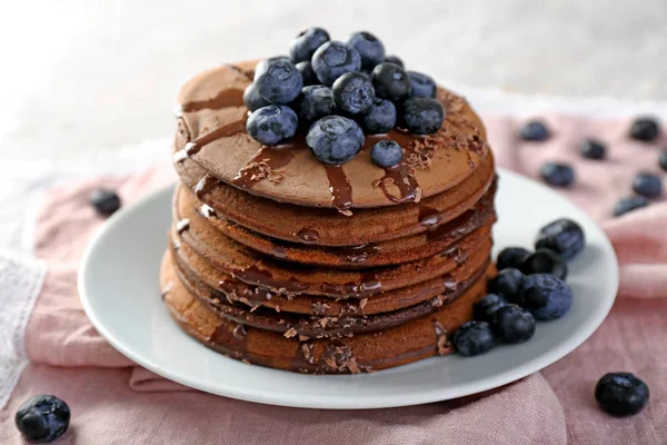 Tasty Chocolate Pancakes Sweet Sauce Blueberries Plate — Stock Photo, Image
