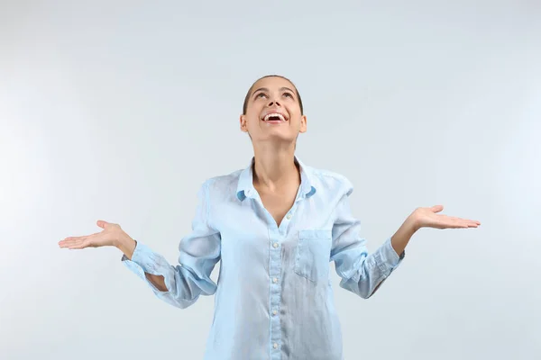 Happy Young Woman Light Background — Stock Photo, Image