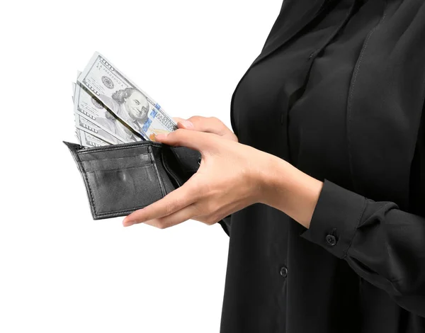 Young Woman Holding Wallet Dollar Banknotes Light Background Closeup — Stock Photo, Image