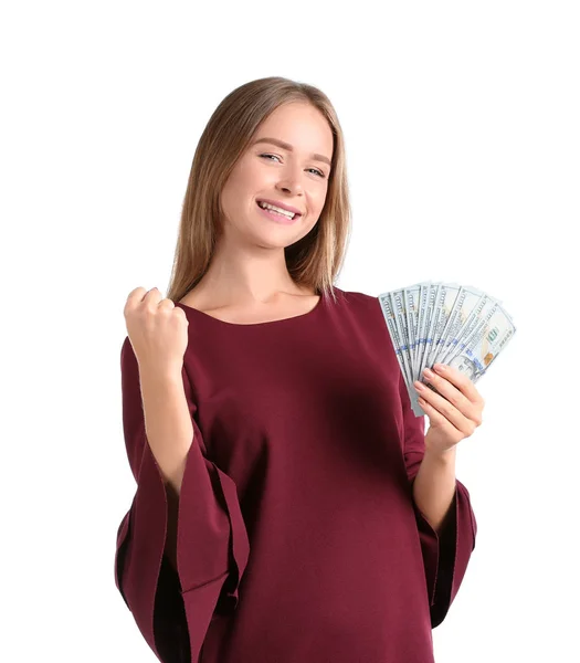 Mujer Joven Feliz Con Billetes Dólar Sobre Fondo Blanco —  Fotos de Stock