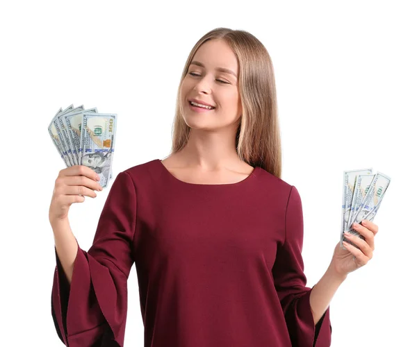 Szczęśliwa Młoda Kobieta Banknotów Dolara Białym Tle — Zdjęcie stockowe