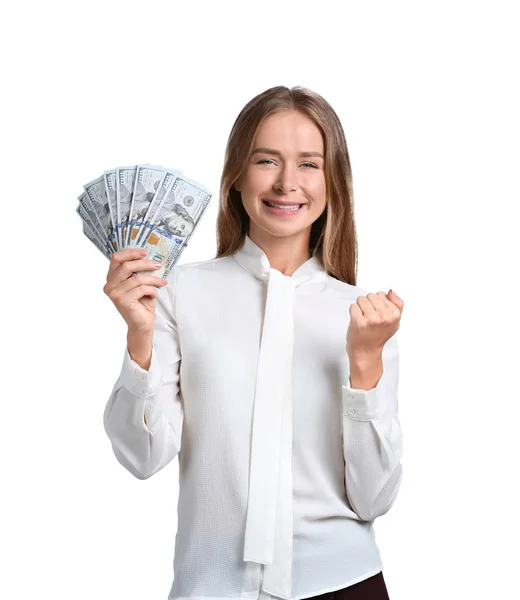 Mujer Joven Feliz Con Billetes Dólar Sobre Fondo Claro —  Fotos de Stock