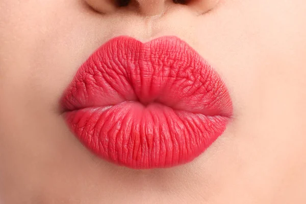 Beautiful Young Woman Bright Red Lipstick Closeup — Stock Photo, Image