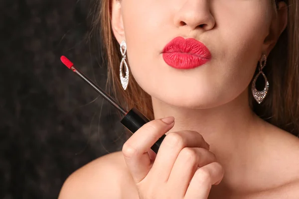Beautiful Young Woman Bright Red Lipstick Dark Background Closeup — Stock Photo, Image