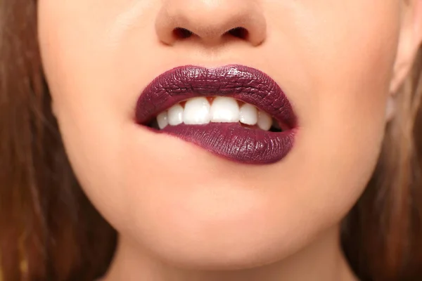 Beautiful Young Woman Dark Lipstick Closeup — Stock Photo, Image