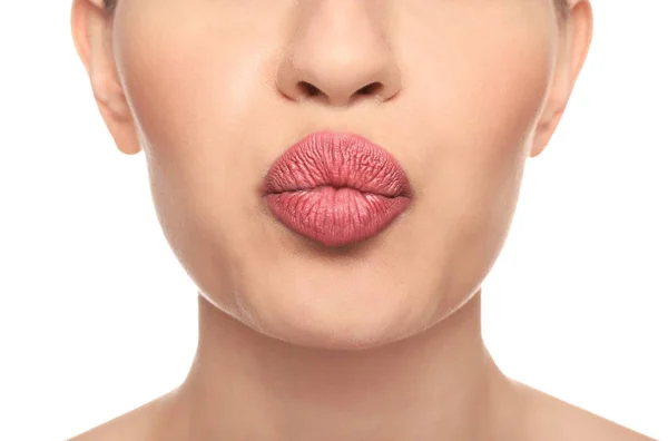 Mooie Jonge Vrouw Met Roze Lippenstift Witte Achtergrond Close — Stockfoto