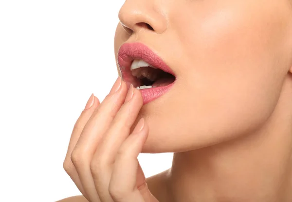 Beautiful Young Woman Pink Lipstick White Background Closeup — Stock Photo, Image